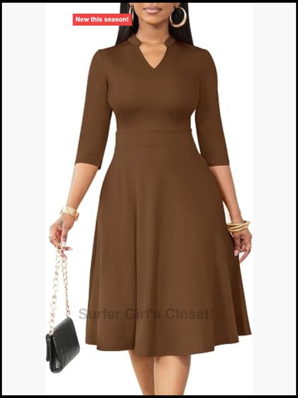 Women's Fit & Flare Midi Dress 3/4 Sleeve V-Neck Pockets
